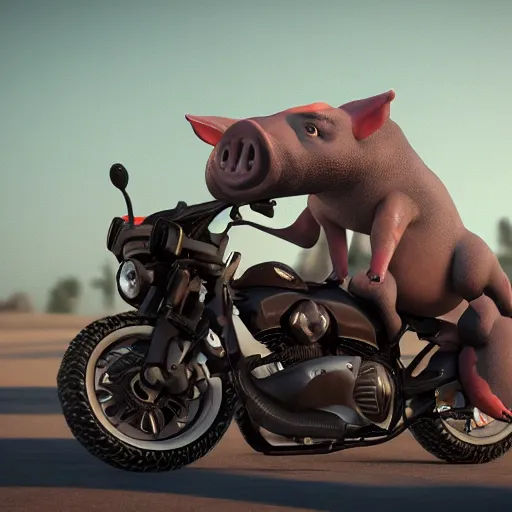 Image similar to A biker pig with a beard next to other biker animals, Octane render, unreal engine 5, cinema4D, cinematic