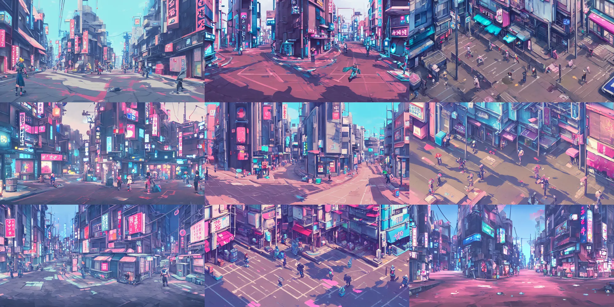 Prompt: game asset of urban street of tokyo, in gouache detailed paintings, props, stylized, 2 d sprites, kitbash, arcane, overwatch, blue and pink color scheme, 8 k, close up