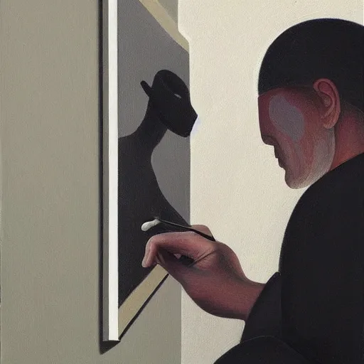 Prompt: a painting of a man drawing a painting. by gertrude abercrombie. precisionism, surrealism, dark, low contrast, featured on pixiv, art on instagram, detailed painting