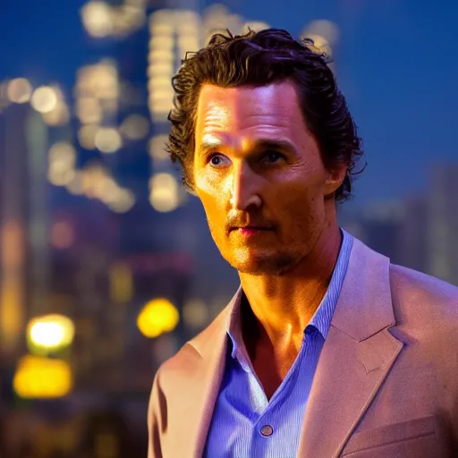 Image similar to a still of matthew mcconaughey . Shallow depth of field. City at night in background, lights, colors ,studio lighting, mood, 4K. Profession photography