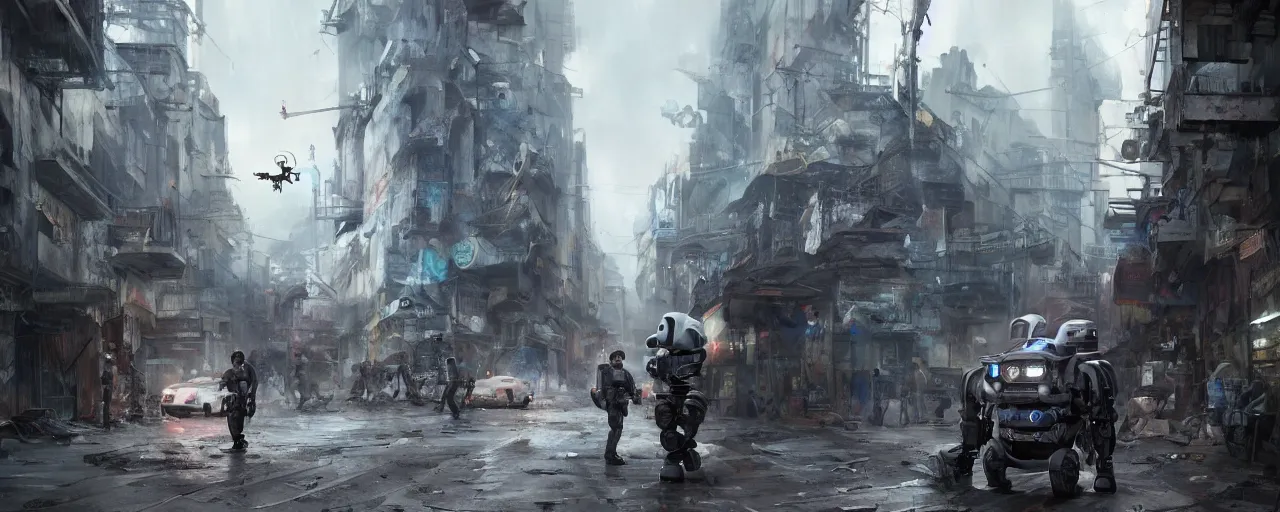 Image similar to a robotic police with robot drone, slums downtown street, concept art, artstation, dystopian matte painting, hyper realistic, art by feng zhu, cinematic