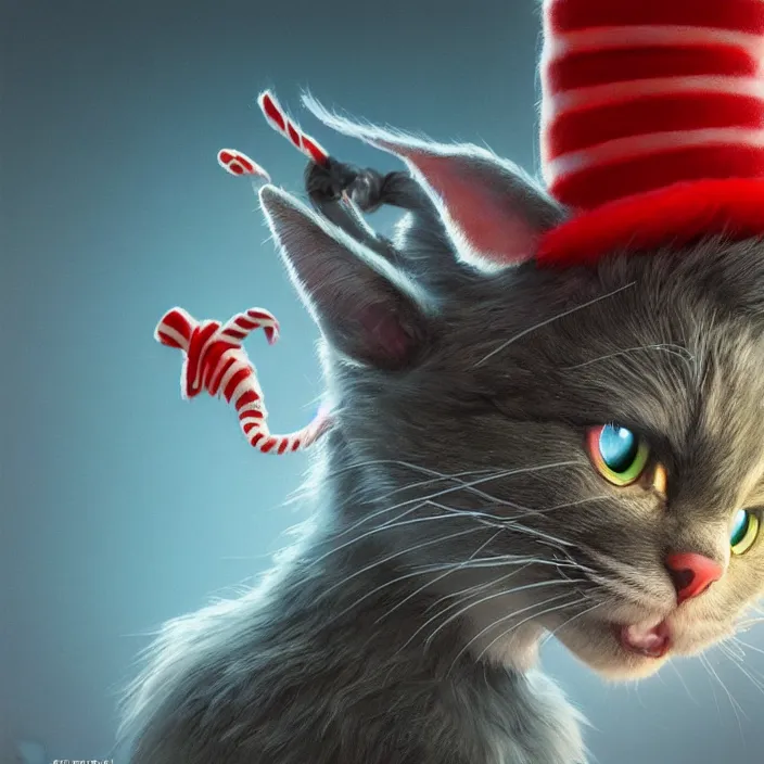 Prompt: complex 3 d render, hyper detailed, ultra sharp, of the cat in the hat, scary, comical, cinematic, natural soft light, rim light, octane render, artstation, art by artgerm and greg rutkowski and alberto seveso, dr seuss