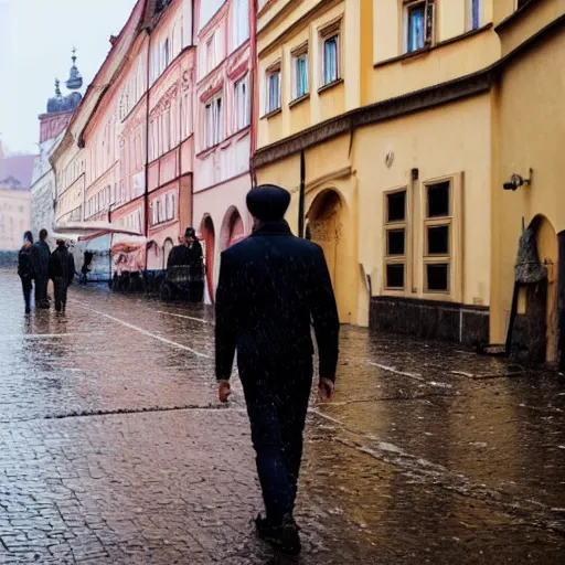 Prompt: a man wearing knights armor walks down a rainy street in prague, photography, movie still, dslr 5 5 mm, 4 k