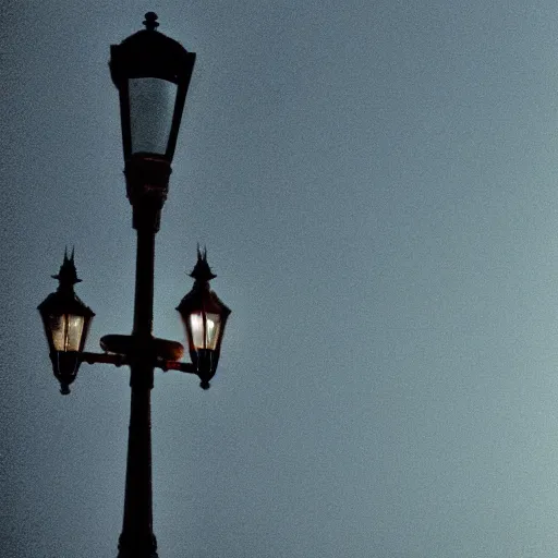 Image similar to a victorian street lamp in a foggy field at dusk, indigo sky