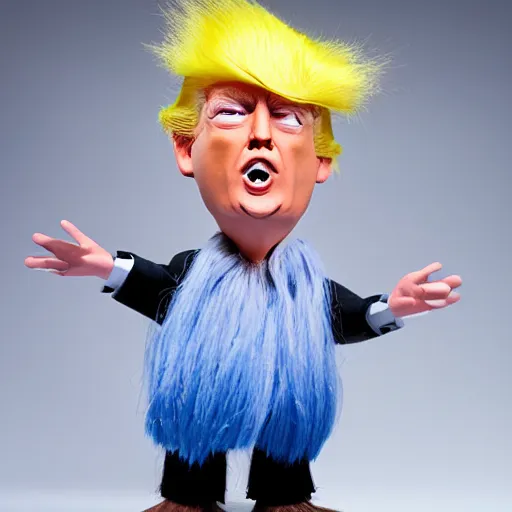 Image similar to Donald Trump as a troll doll, studio photo,