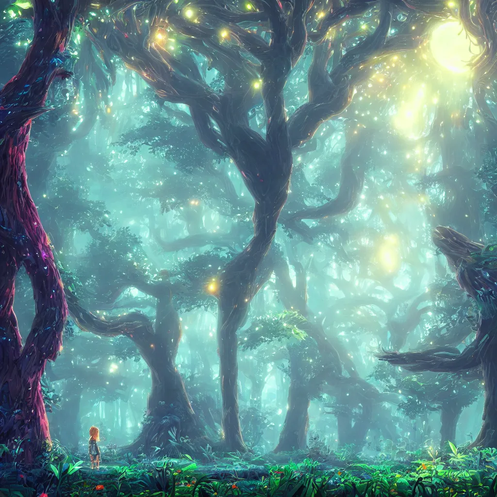 Prompt: huge trees, misty nighttime. radiating colorful energy. photorealistic, moody atmosphere, volumetric shading, holographic undertones, intricate and detailed, highly saturated colors. ori and the blind forest, breath of the wild style, studio ghibli!!!. trending on artstation. award winning, awe inspiring, daily deivation