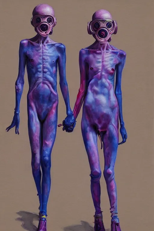 Prompt: a surreal frances bacon and james jean painting of two skinny fleshy figures, with extra limbs wearing ornate gas masks and clothed in purple and blue, walking down a city street, full view, concept art, horror art, extremely high details, hyper realistic high quality