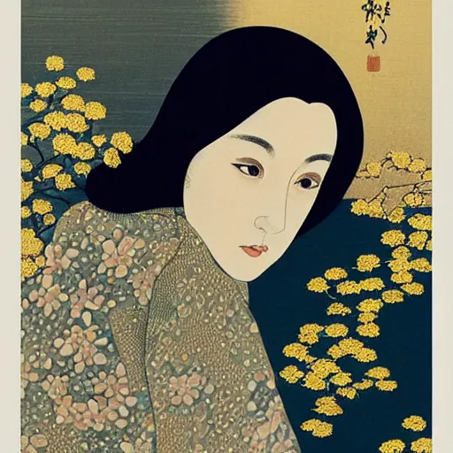 Image similar to “ evan rachel wood portrait by ikenaga yasunari and ayana otake and ko rakusui, 6 0 s poster, drawing, realistic, sharp focus, japanese, dreamy, nostalgia, faded, golden hues, floral clothes, porcelain skin ”