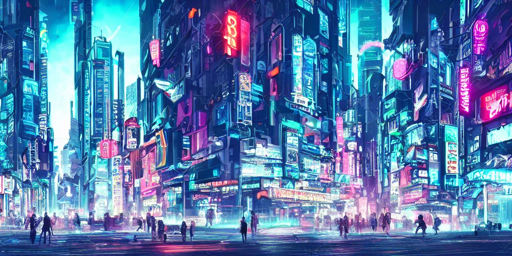 Image similar to a cyberpunk style busy city Main Street with neon signs, stormy weather, futuristic flying cars, and many people