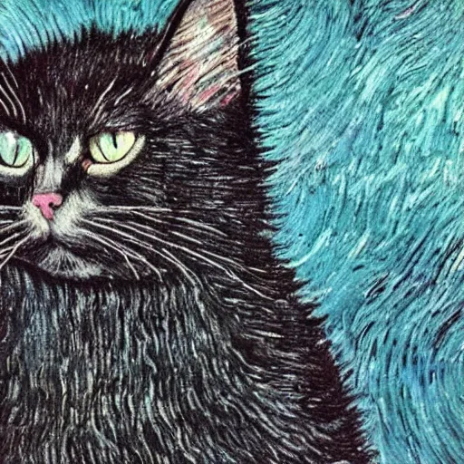 Image similar to close - up, black. realistic. cat. with a long, fluffy. sparkly. wool. he stands on his hind legs. in a long black coat and a long black coat. winks with his eye.. fantasy background. an image in the style of van gogh. clear details. the oil painting is a masterpiece.