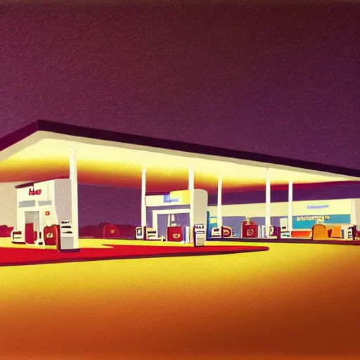 Image similar to a matte painting of a gas station at night by emiliano ponzi, james gilleard, george ault, david hockney, atey ghailan, albert namatjira, marius borgeaud, minimalist, bauhaus, retrofuturism, postminimalism, concept art, matte background, matte drawing, magical realism, space art, generative art