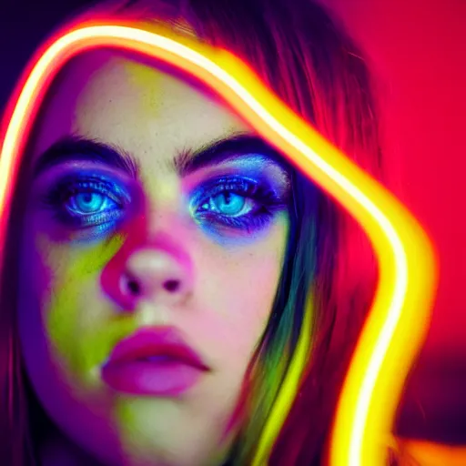 Image similar to beautiful billie eilish in the street, explosion of neon lights, close up, 5 0 mm lens, model photography detailed realistic