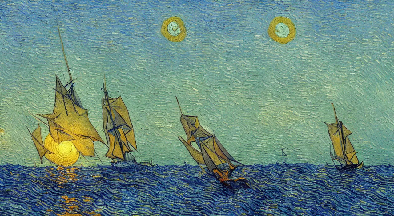Prompt: detailed oil painting of sailing boat, sailing towards the rising sun, calm ocean, sunset lighting, clear blue sky, impressionist painting by vincent van gogh illustration, digital art, concept art