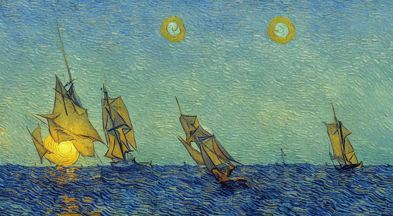 Image similar to detailed oil painting of sailing boat, sailing towards the rising sun, calm ocean, sunset lighting, clear blue sky, impressionist painting by vincent van gogh illustration, digital art, concept art