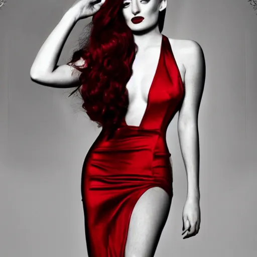 Image similar to photography sophie turner as jessica rabbit in her red dress, femme fetal, darkroom, dramatic high contrast lighting like sin city, ultra - realistic, intricate detail, 8 k