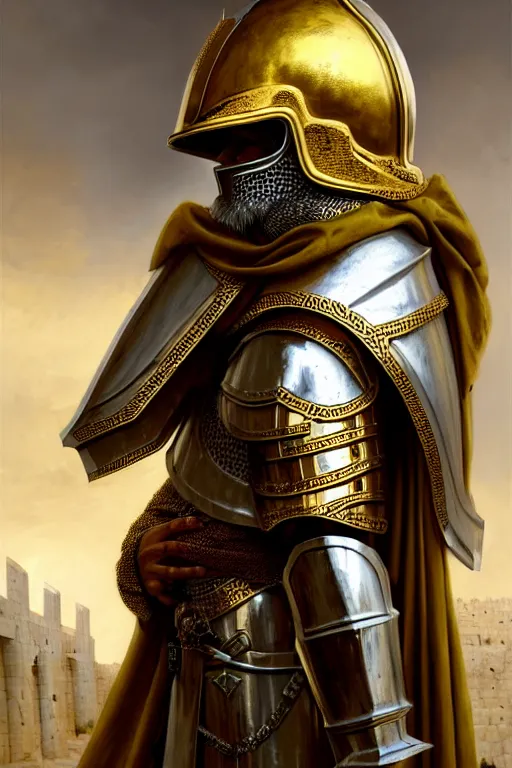 Image similar to man in decorated with gold in baroque style crusader armor, helmet hiding his face and white cape standing at the gates of jerusalem drawn by greg rutkowski realistic high detail