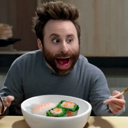 Image similar to Charlie Day eating sushi out of a white toilet bowl with chopsticks, 8k, photo realistic