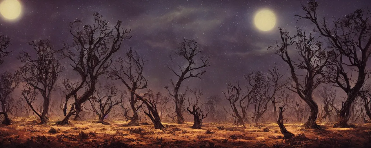 Image similar to ” barren landscape with dead trees at night, [ cosmic, cinematic, detailed, epic, widescreen, opening, establishing, mattepainting, photorealistic, realistic textures, octane render, art by slop and paul lehr ] ”