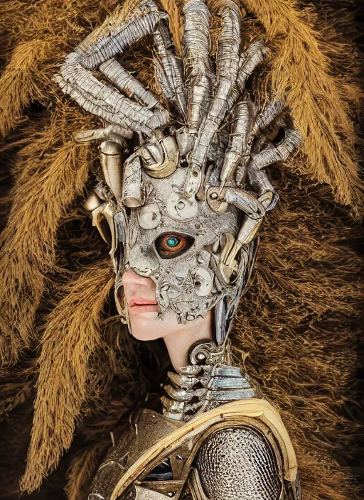 Prompt: head and shoulders portrait of a female knight, vegetal - insectoid - cyborg female, by tony diterlizzi, portrait, pinhole photography, side - view, f / 2. 8, 1 6 k, natural lighting, insanely detailed and intricate, hypermaximalist, elegant, ornate, hyper realistic, super detailed