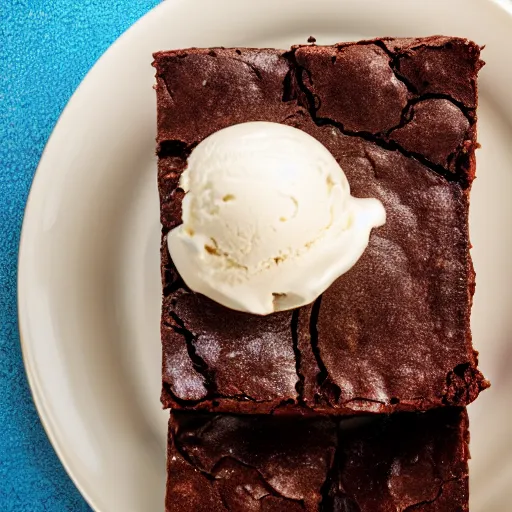 Image similar to An extreme close-up of a slice brownie with icecream on a plate, food blog, Michelin Star Restaurant, F 2.8, 85mm Velvia 100, high DOF