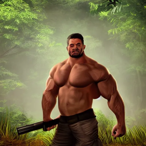 Image similar to a man with a big muscle holding a weapon in the middle of a jungle it's a sunny day and in the background there is a camp surrounded by a couple of trees digital concept art