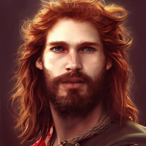 Prompt: portrait of a young pirate captain, male, rugged, masculine, handsome, upper body, red hair, long hair, cheerful, D&D, fantasy, intricate, elegant, highly detailed, digital painting, artstation, concept art, sensual, matte, sharp focus, illustration, art by Artgerm and Greg Rutkowski and Alphonse Mucha