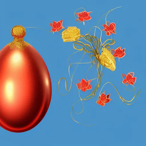 Image similar to an elaborate glowing red and blue egg emerging from the blossom of a metallic gold flower with tendrils of gold wrapping around the egg, magic eggplant, fantasy concept art