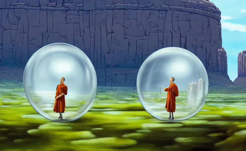 Image similar to a scary hyperrealist painting of a monk in a giant transparent bubble from howl's moving castle ( 2 0 0 4 ) in a flooded monument valley stonehenge jungle. depth perception, 4 k, artstation, in the style of studio ghibli