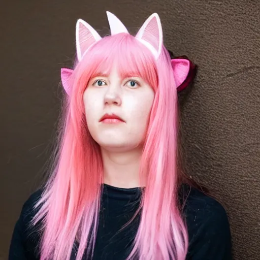 Image similar to photo of a young woman with messy medium-length pink hair and cat ears
