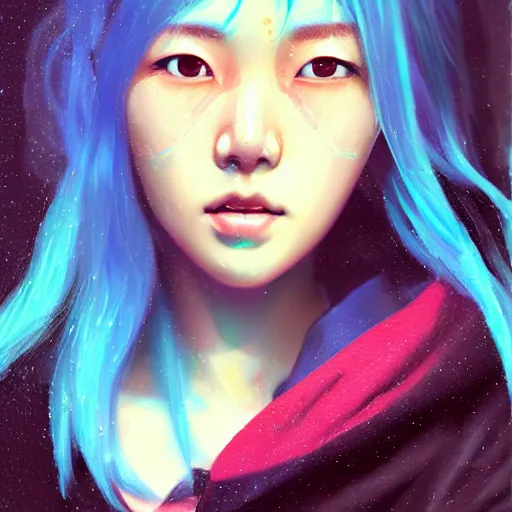 Prompt: a photo portrait of kim sung hee in the rain with blue hair, cute - fine - face, pretty face, cyberpunk art by sim sa - jeong, cgsociety, synchromism, detailed painting, glowing neon, digital illustration, perfect face, extremely fine details, realistic shaded lighting, dynamic colorful background