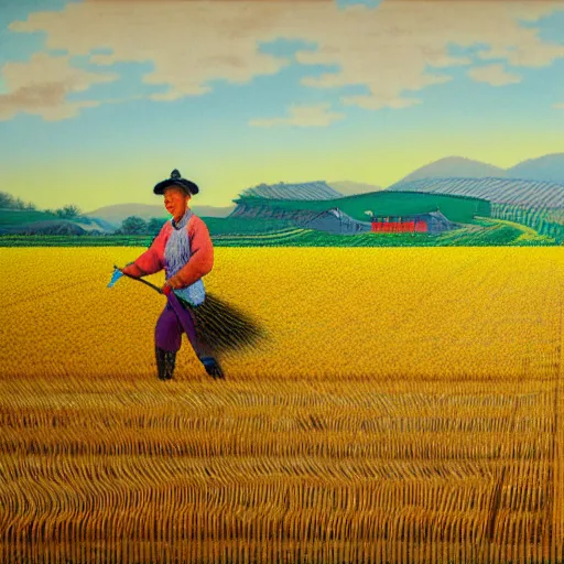 Image similar to cat farmer, walking in the wheat field, nature landscape on the background, fenghua zhong, sharp deep, oil art