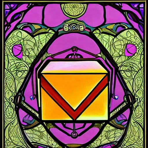 Image similar to beautiful painting of companion cube, art nouveau. gaudy colors. intricate linework. sharp edges.