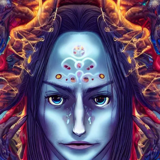 Prompt: !5 three eyed gods, third eyes middle of foreheads, very wide wide shot, very hairy bodies, beautiful colors, eyes in forehead, beautiful lighting, detailed photographs, very detailed