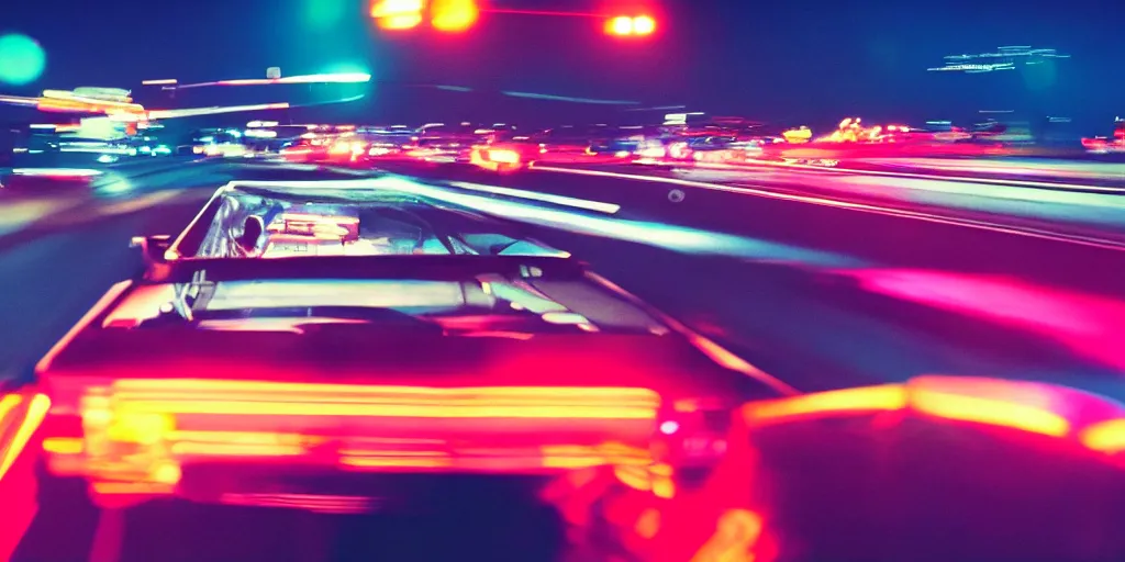 Prompt: 8 0 s neon movie still, high speed car chase on the highway at night with bright city in background, medium format color photography, 8 k resolution, movie directed by kar wai wong, hyperrealistic, photorealistic, high definition, highly detailed, tehnicolor, anamorphic lens, award - winning photography, masterpiece