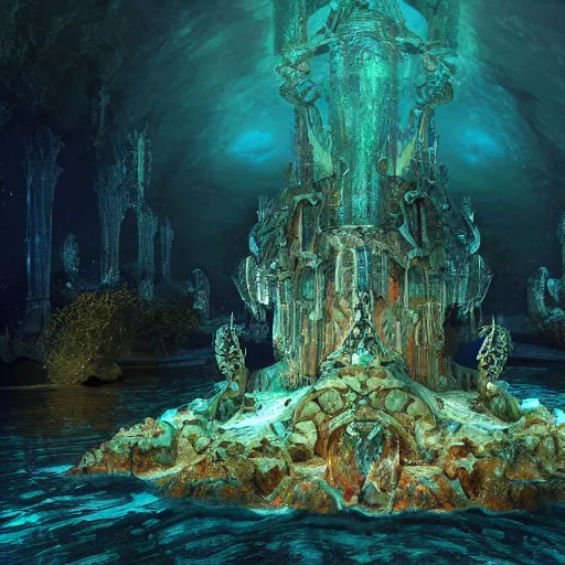 Image similar to an intricate photograph of an underwater cathedral at the bottom of the ocean surrounded by mermaids by david lachapelle, dark and scary abyssal ambient, photorealistic, octane render, unreal engine, 4 k, smooth lighting, subaquatic photography,