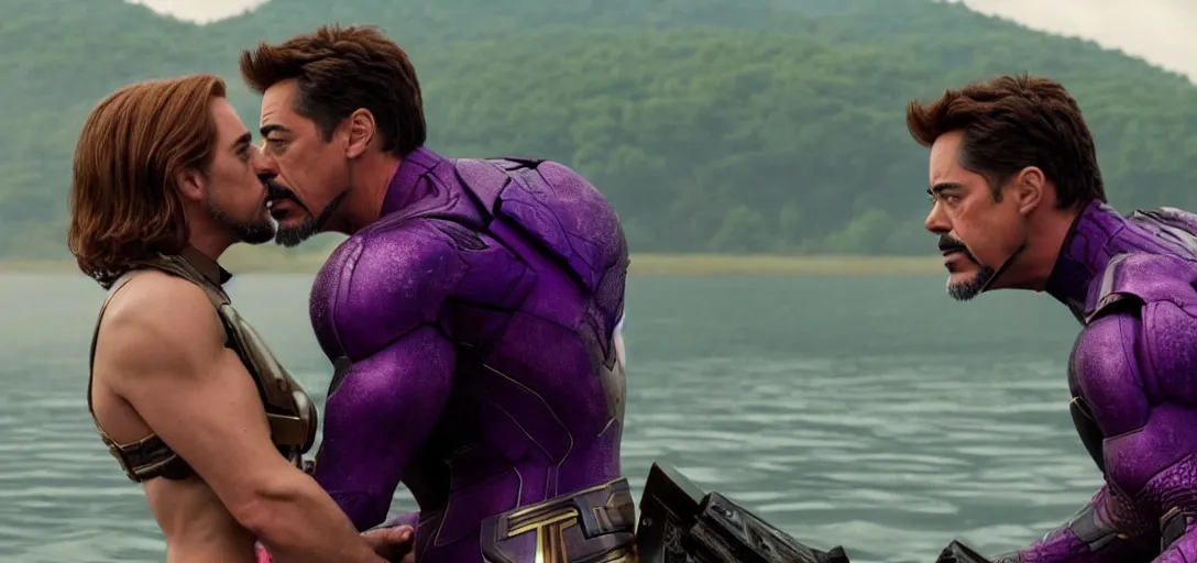 Image similar to a very high resolution image from a new movie. thanos kissing tony stark on a lake, photorealistic, photography, directed by wes anderson