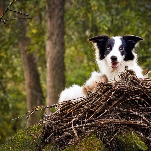 Image similar to a border collie protecting a fledgling in a nest in a forest, beautiful, golden hour, impressionist