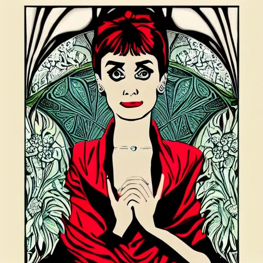 Prompt: powerful female necromancer, audrey hepburn, art nouveau, highly detailed