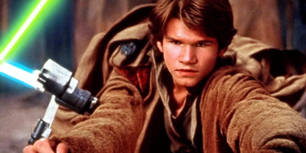 Image similar to A full color still from a film of a teenage Han Solo as a Jedi padawan holding a lightsaber hilt, from The Phantom Menace, directed by Steven Spielberg, 35mm 1990