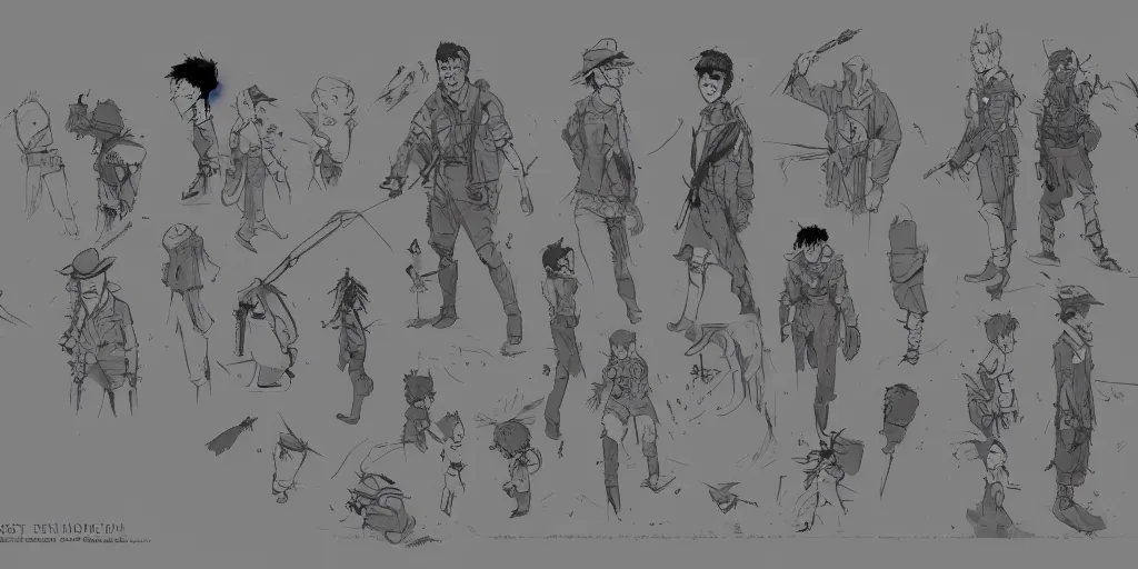 Image similar to lost boy, character sheet, concept design, contrast, kim jung gi, greg rutkowski, zabrocki, karlkka, jayison devadas, trending on artstation, 8 k, ultra wide angle, pincushion lens effect