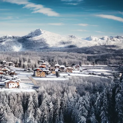 Prompt: a snowy village on a mountain