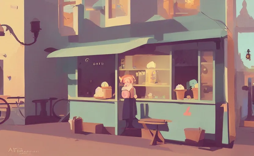 Image similar to a cute cozy ice cream shop by Atey Ghailan