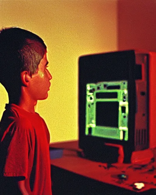 Image similar to 8k professional photo of an 8 years old enlightened and scared boy standing in front of an old computer from 90s with a game doom2 at the monitor screen. painting by Adrian Ghenie and Willem de Kooning and Cy Twombly, still from a movie by Gaspar Noe and James Cameron