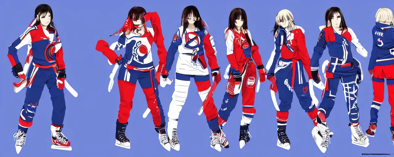 Image similar to females akira anime cyberpunk super star ice hockey players, wearing a light futuristic habs jersey, blue white and red color blocking, character concept exploration, outfit designs, trending on artstation, photorealistic, 8k