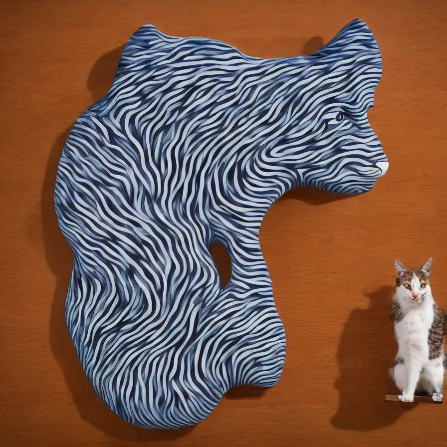 Prompt: beautiful gallery show studio photograph of a giant ceramic sculpture of a cat, glazed by bridget riley and victor vasarely, placed on a polished wooden table, hyperrealism 8 k trending on artstation