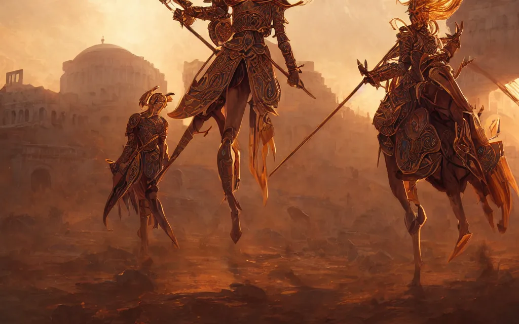 Image similar to knights of zodiac girl, golden and copper armor, armor knight fighting cinematic shot, in ruined agora of athens sunrise, ssci - fi and fantasy, intricate and very very beautiful and elegant, highly detailed, digital painting, artstation, concept art, smooth and sharp focus, illustration, art by tian zi and wlop and alphonse mucha