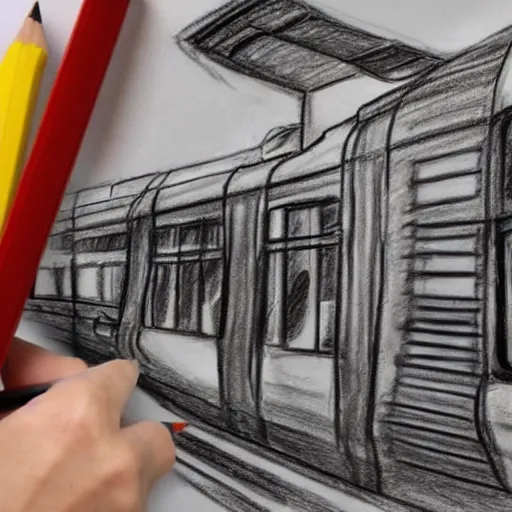 Prompt: train drawing a picture of itself with a pencil