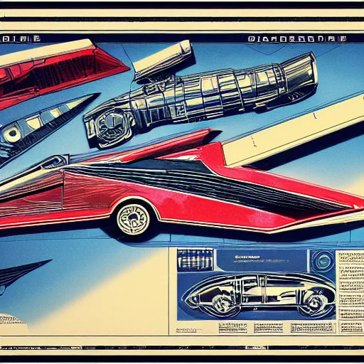 Image similar to colorful blueprint for the Batmobile, epic composition, labeled diagrams, high detail, high contrast illustrations