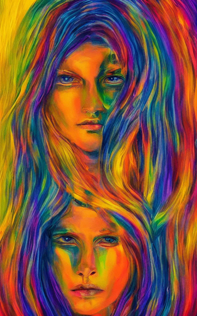 Image similar to iridescent spirit of desire and fear cruel beautiful spirit (androgynous) with golden eyes, award winning oil painting, chromatic aberration