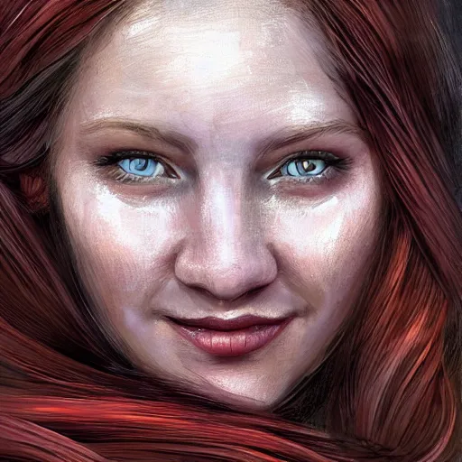 Image similar to epic portrait An viking woman smiling in blizzardy winter, beauty, pretty face, glossy skin, beautiful eyelashes, red long flowing hair, blurry backround, digital painting, artstation, concept art, soft light, hdri, smooth, sharp focus, illustration, fantasy, intricate, elegant, highly detailed, D&D, matte painting, in the style of Greg Rutkowski and Alphonse Mucha and artemisia, 8k, highly detailed, jurgens, rutkowski, bouguereau, pastoral, rustic, georgic